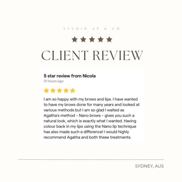 I feel very honored 🤎 

It very special to be able to design and enhance the natural colour and symmetry of my client’s brows and lips, specially after such a long time of waiting. The beauty industry changes constantly around the world and it’s important to understand that some values are not negotiable. Respecting skin health and natural beauty is the key to success and achieving the best results. I love it! 

Advanced Brazilian NanoBrows & NanoLips 
Lasting: 8-12 months.

Please note: It’s essencial to book a first CONSULTATION to understand the steps, before and after care, and also to align the details for a better result. Every skin tone/type and healing process work differently.

Xx,
Agatha Prudencio

Appointments & Courses: Link in Bio.
4 Young Street, Neutral Bay (Inside Sanctuary Skin Care).
.
.
.
#studioapco #sydney #naturalbeauty #nanobrows #lipblushing
